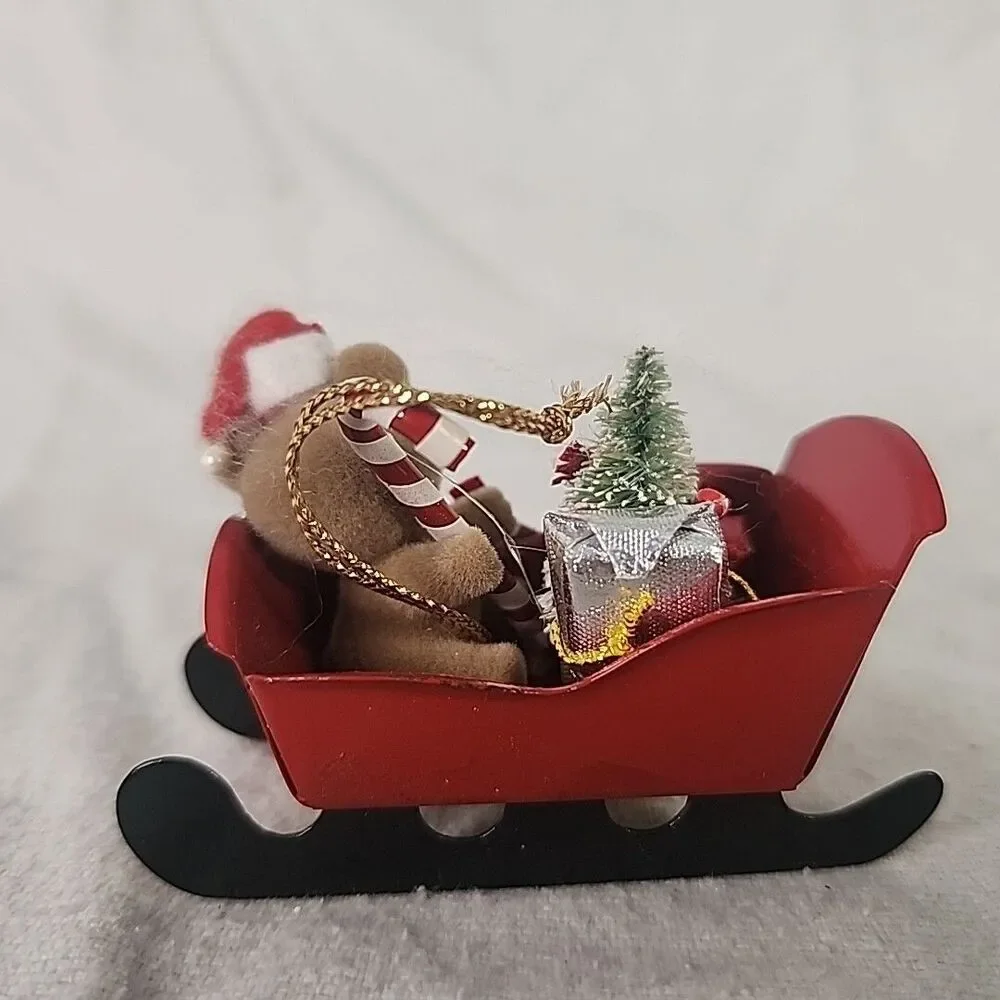 Red Metal Ornament Sleigh With Flocked Teddy Bear & Presents Russ Berrie 1980’s